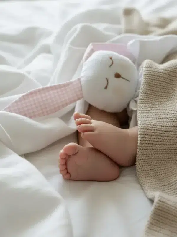 Pies de bebé bajo una manta junto a un peluche de apego con forma de conejito sobre una cama blanca.