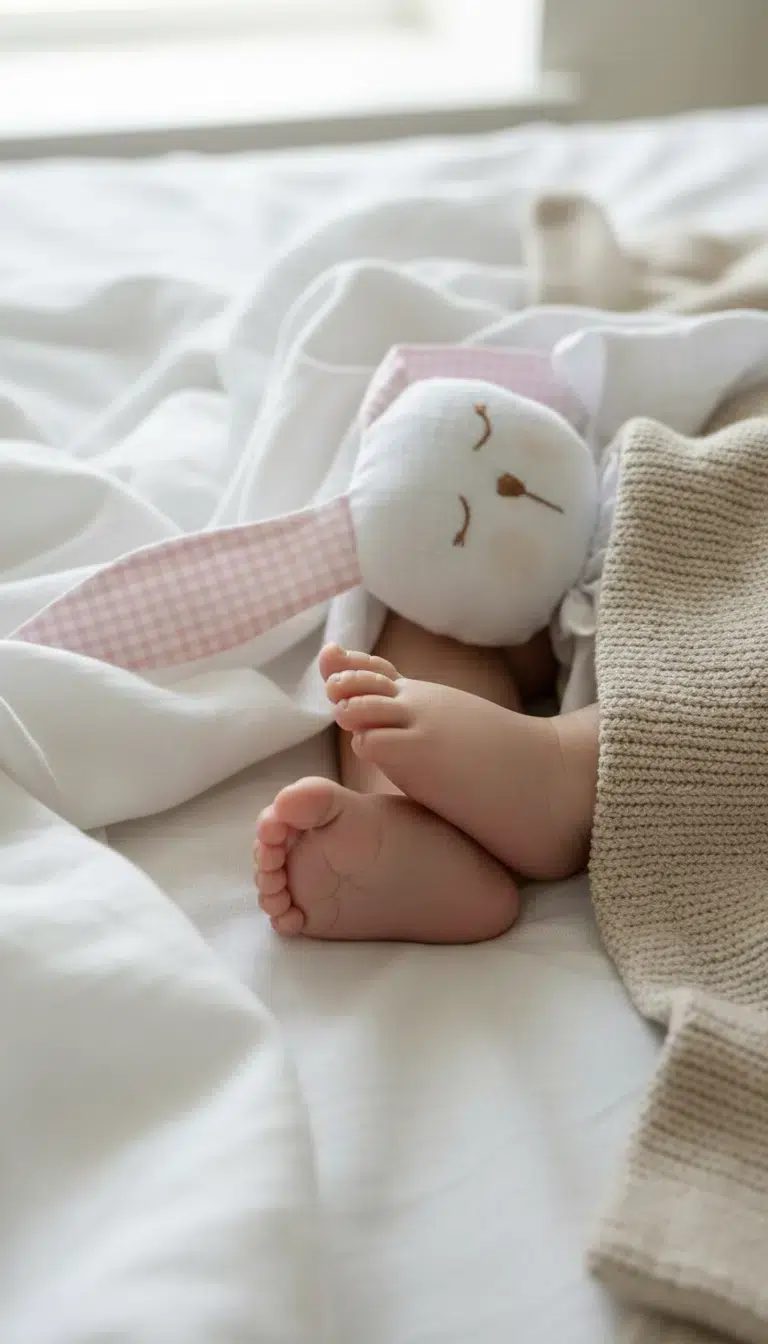 Bebé con conejito de apego en la cama Bebé con conejito de apego en la cama