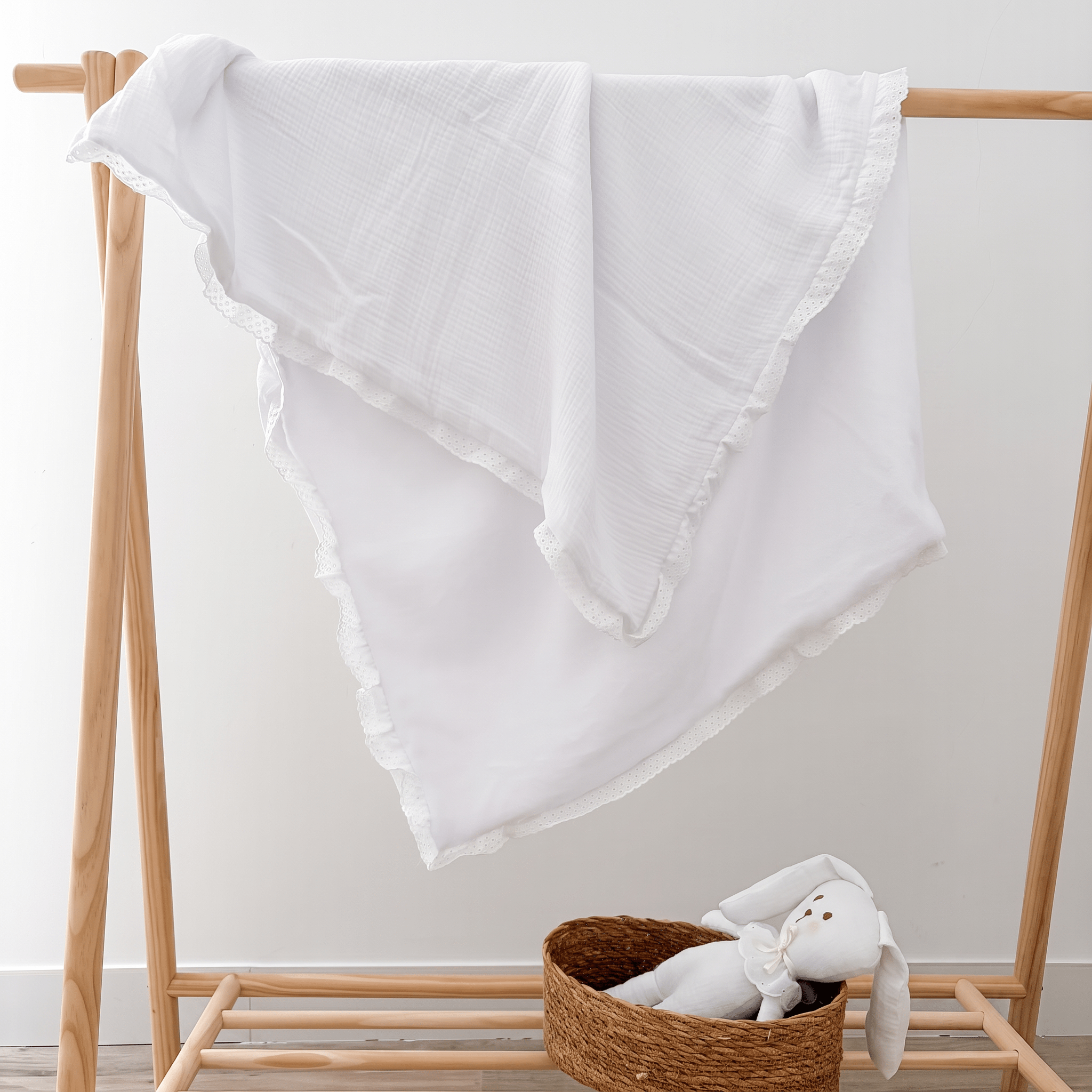 Manta de muselina para bebé con puntilla blanca – Petit Miu Manta de muselina para bebé con puntilla blanca – Petit Miu