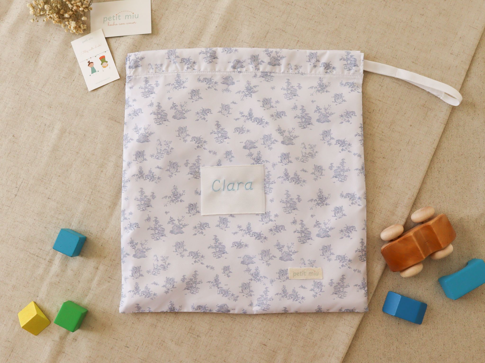 bolsa de muda impermeable infantil Toile de jouy azul bolsa de muda impermeable infantil Toile de jouy azul