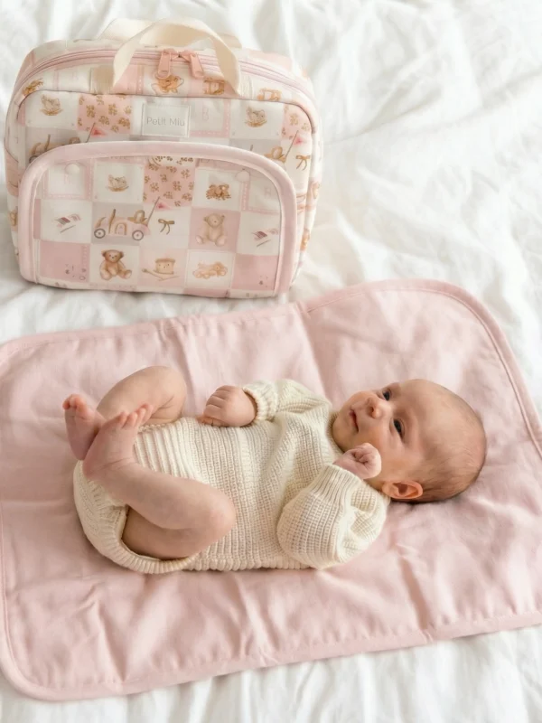 cambiador portátil bebé impermeable rosa Petit Miu para cambiar al bebé fuera de casa