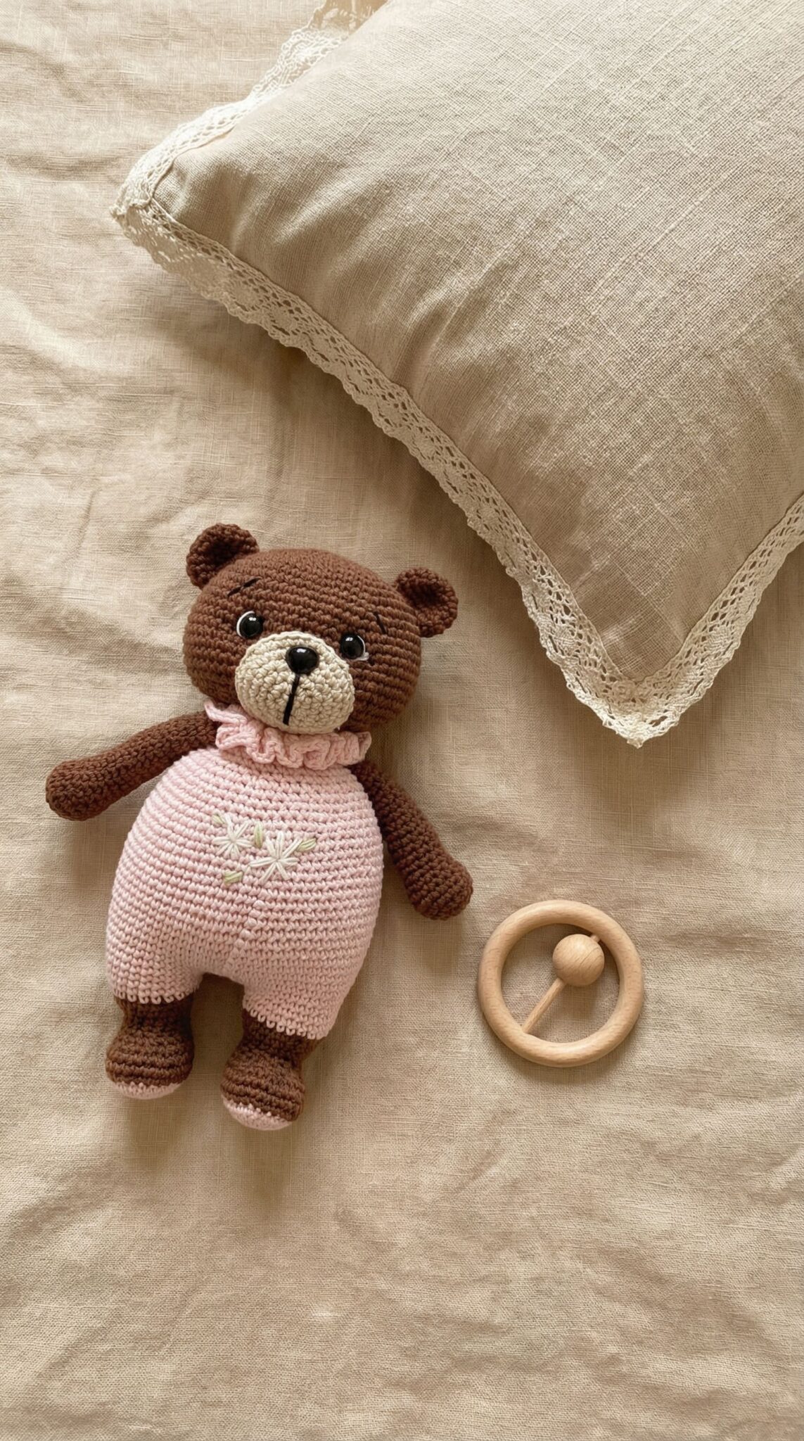 Osito de punto rosa para bebé en ambiente natural | Petit Miu Osito de punto rosa para bebé en ambiente natural | Petit Miu