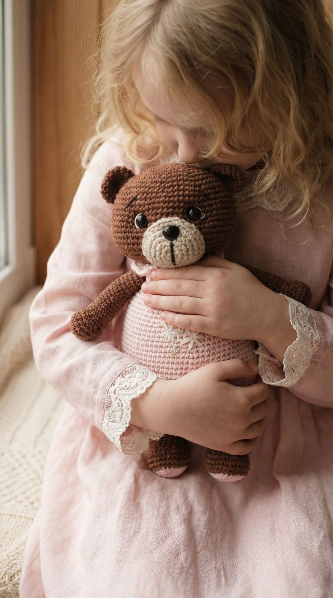 Osito de punto rosa para bebé abrazado | Petit Miu Osito de punto rosa para bebé abrazado | Petit Miu