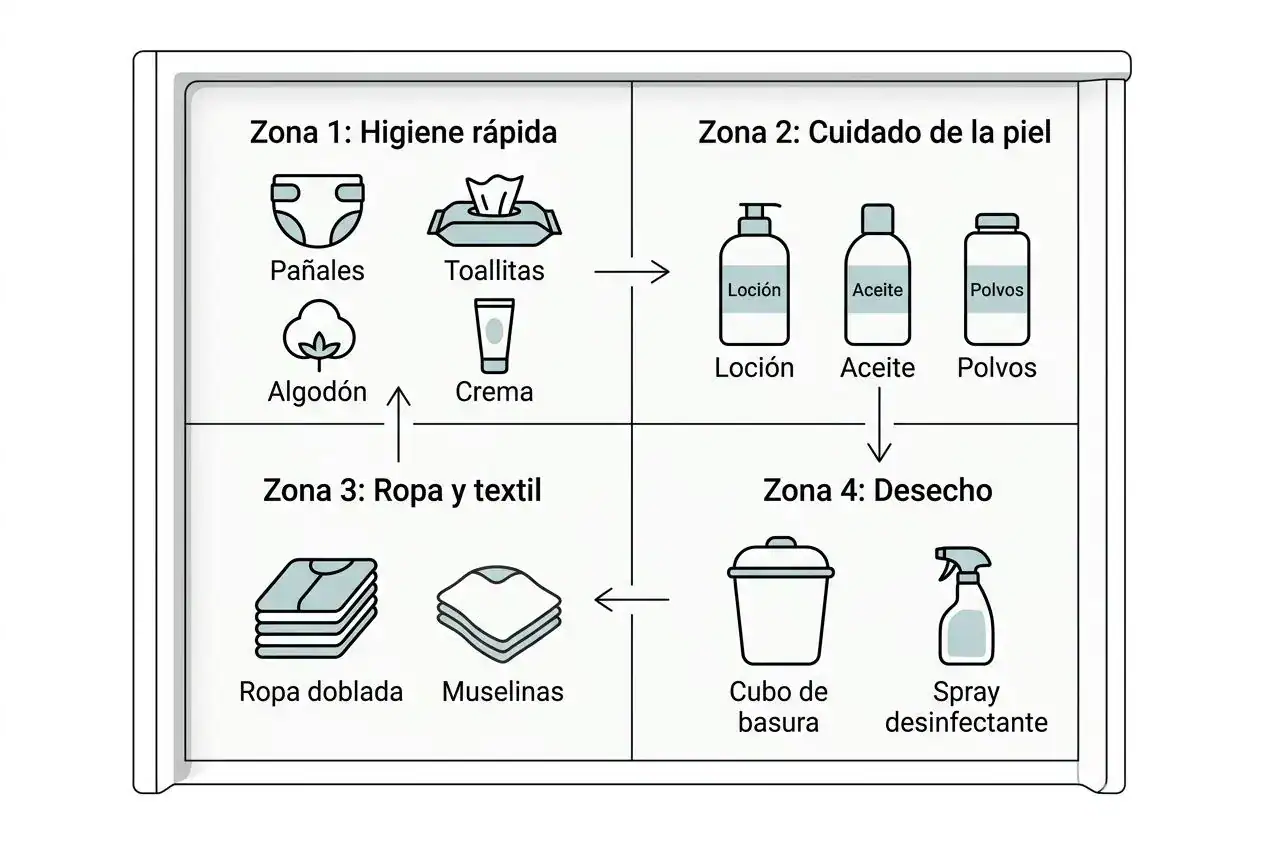 Cómo organizar cambio de pañales: gráfico de zonas para higiene, cuidado de la piel, ropa y textil, y desecho en un cambiador.