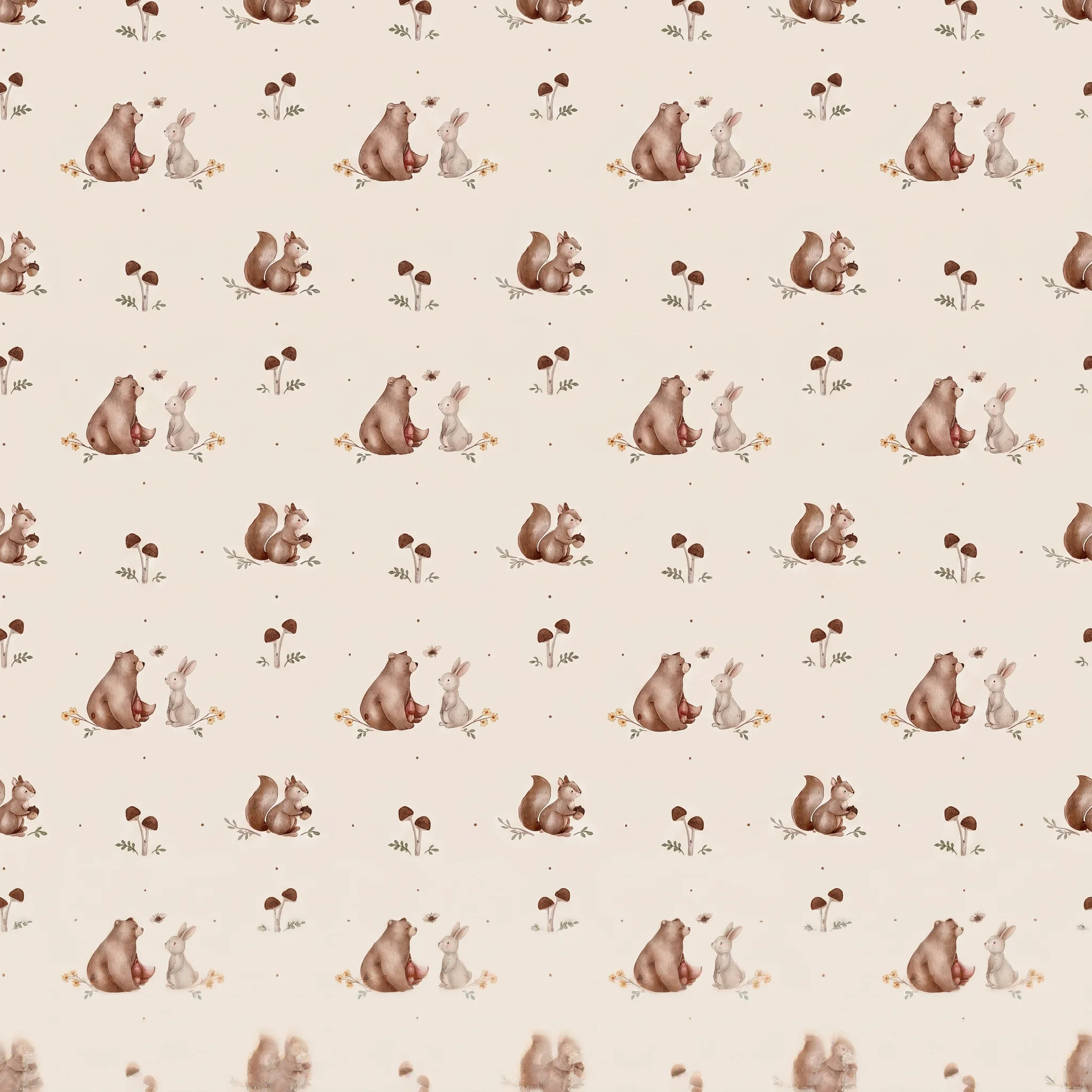 Tela infantil beige con estampado de oso, conejo, ardilla y setas del bosque para bebé Tela infantil beige con estampado de oso, conejo, ardilla y setas del bosque para bebé