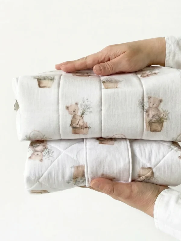 Pack cambiador y neceser impermeable para bebé plegados con estampado de ositos.