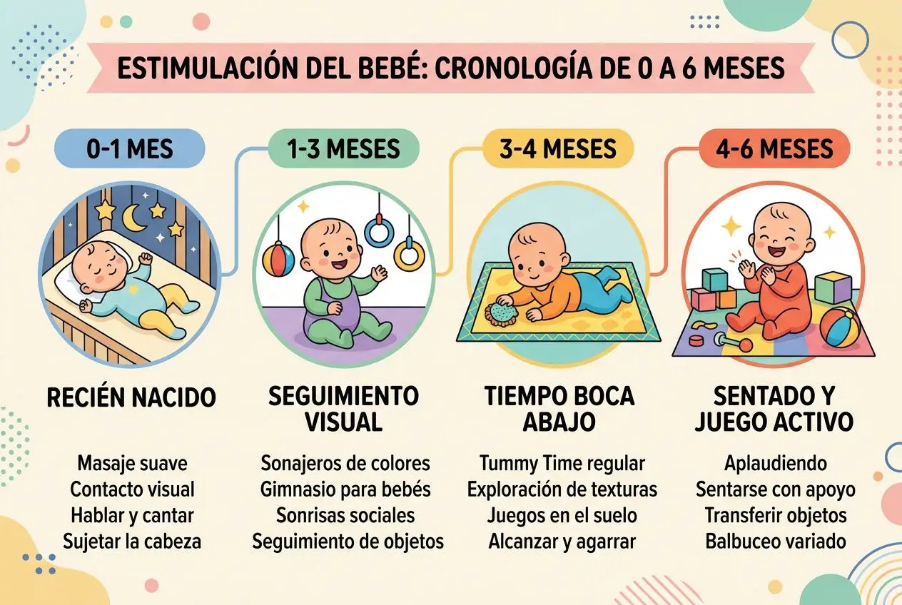 Cronología de estimulación del bebé de 0 a 6 meses: 0-1 mes Recién nacido; 1-3 meses Seguimiento visual; 3-4 meses Tiempo boca abajo; 4-6 meses Sentado y juego activo.