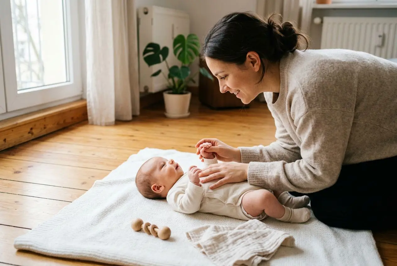 Madre interactuando con un bebé de 0 a 6 meses en el suelo, realizando estimulación temprana bebés 0 a 6 meses con juegos y movimientos suaves.