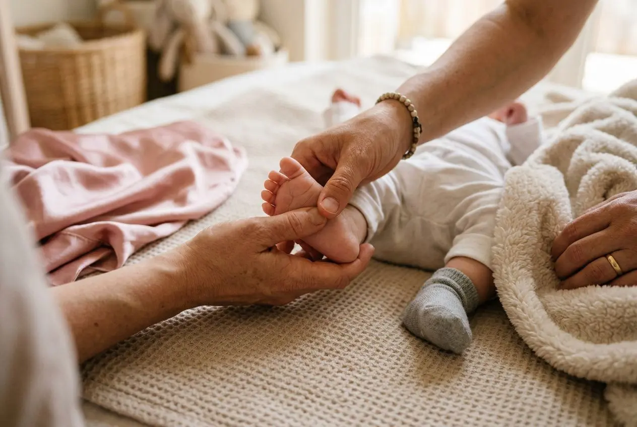 Manos de un adulto sosteniendo el pie de un bebé en una cama, durante una sesión de estimulación temprana bebés 0 a 6 meses.