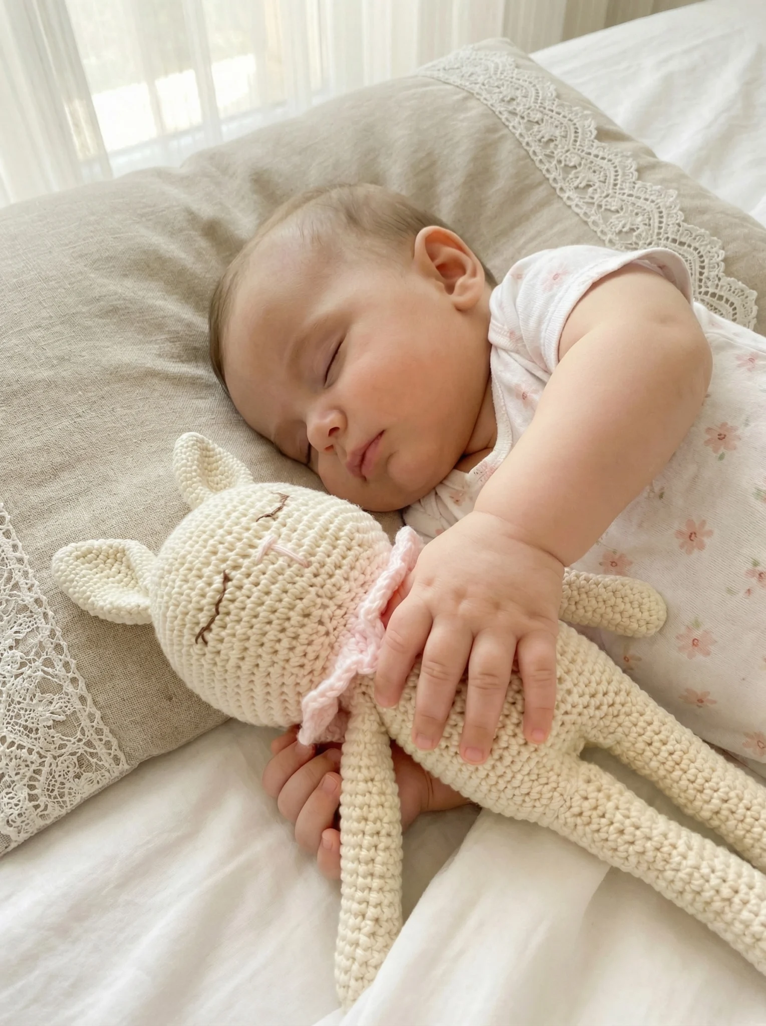 Bebé dormido abrazando un amigurumi artesanal de color crema en una cama, con mantas y encaje en el fondo. amigurumis artesanales para bebés.