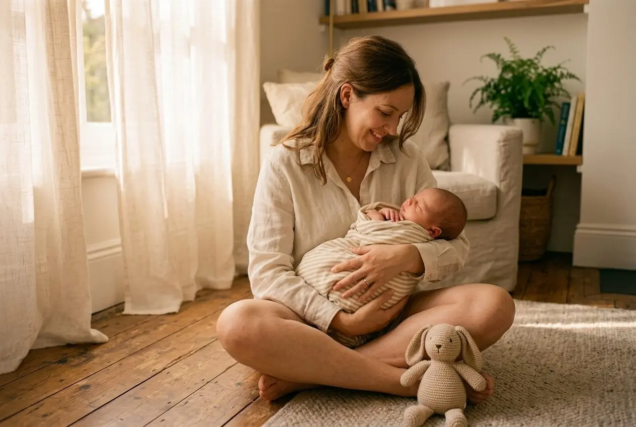 Mujer sentada en el suelo con un bebé recién nacido en brazos, en una sala luminosa; junto a ella un conejito de peluche. Juguetes para bebés de 0 a 3 meses.